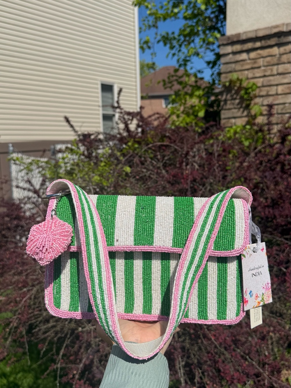 Pink/Green/White Striped Beaded Shoulder Bag HANDMADE IN INDIA TikTok Viral NWT